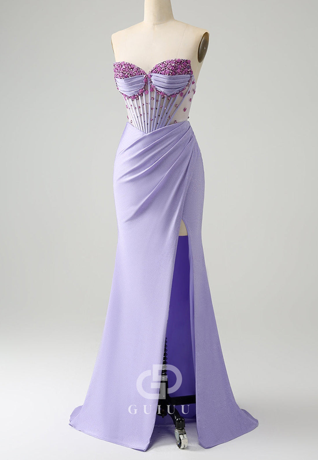 Lilac Sleeveless Strapless Slit Sequins Corset Prom Dress