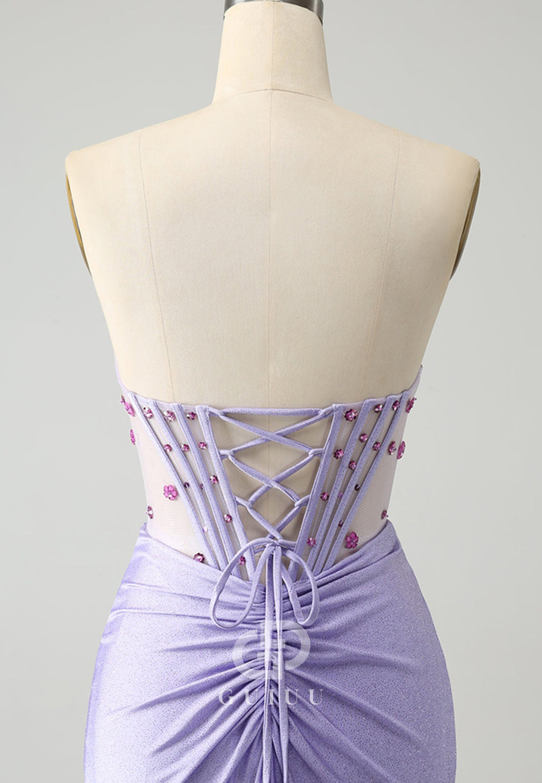 Lilac Sleeveless Strapless Slit Sequins Corset Prom Dress