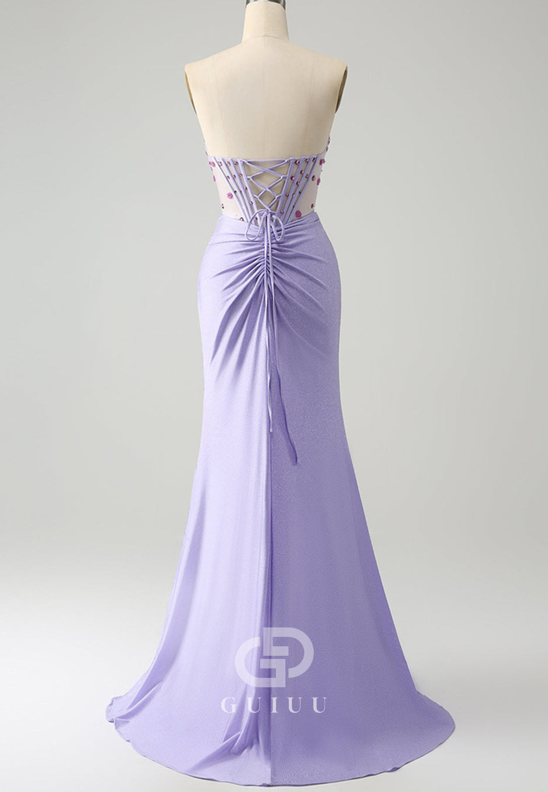 Lilac Sleeveless Strapless Slit Sequins Corset Prom Dress