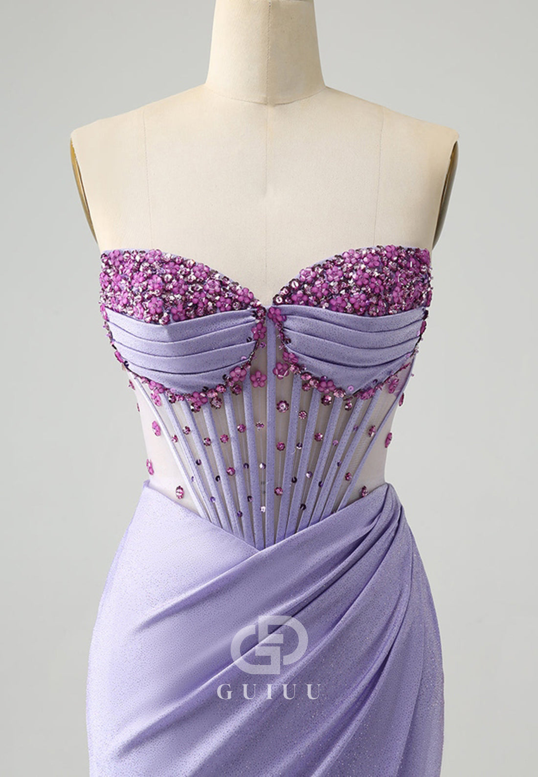 Lilac Sleeveless Strapless Slit Sequins Corset Prom Dress