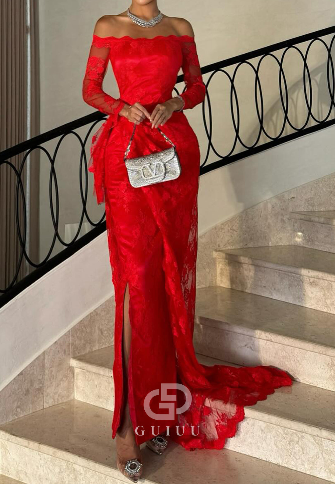 Red Long Sleeves Off-Shoulder Slit Lace Prom Dress