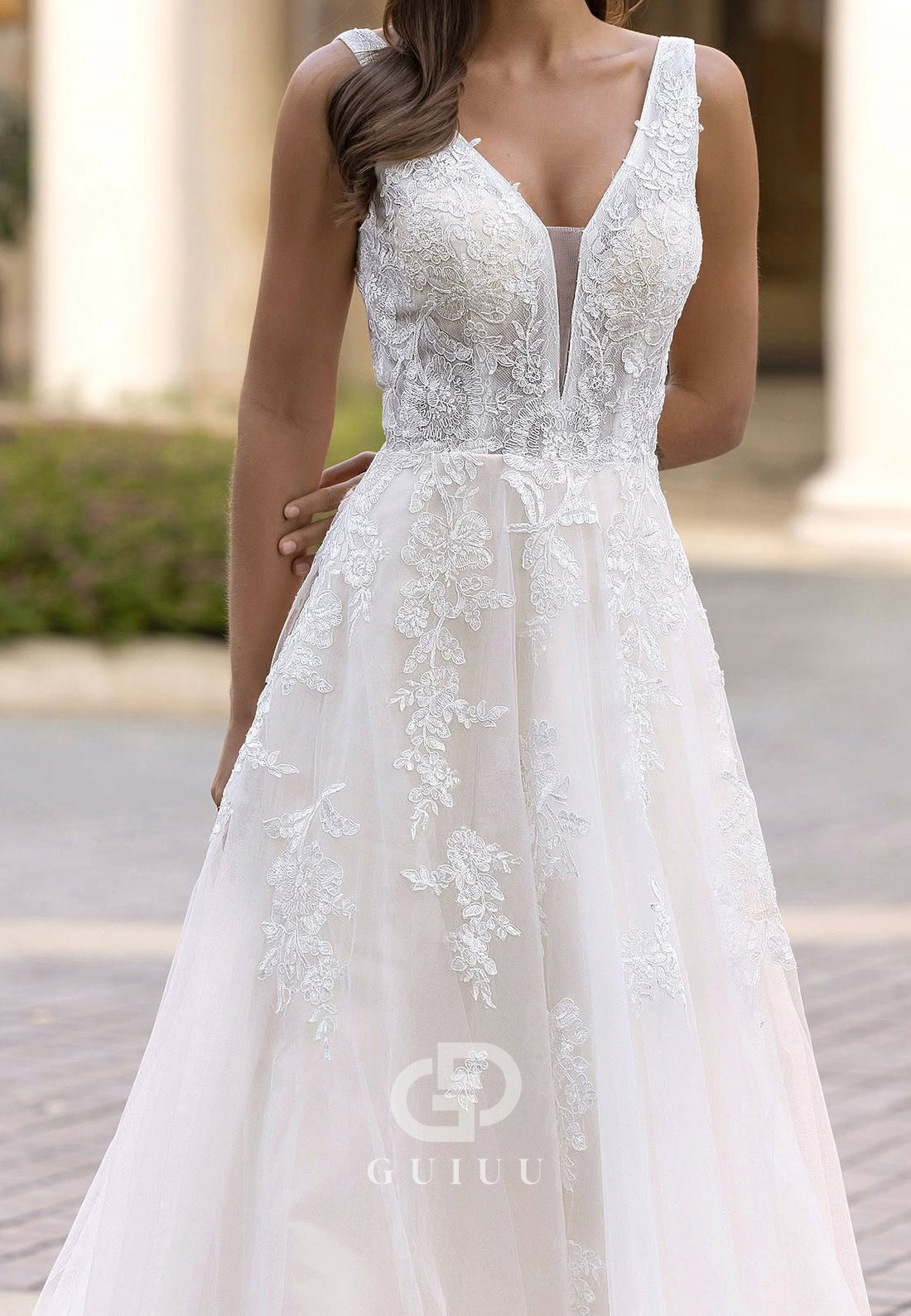 Spaghetti Straps V-Neck Backless Lace Wedding Dress