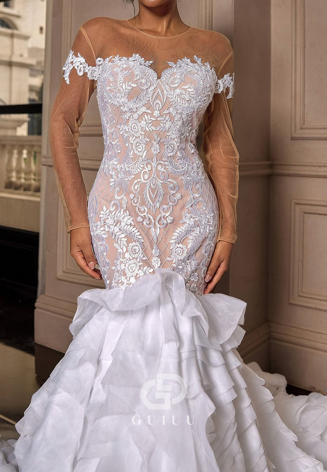 Long Sleeves Scoop Appliques Mermaid Wedding Dress