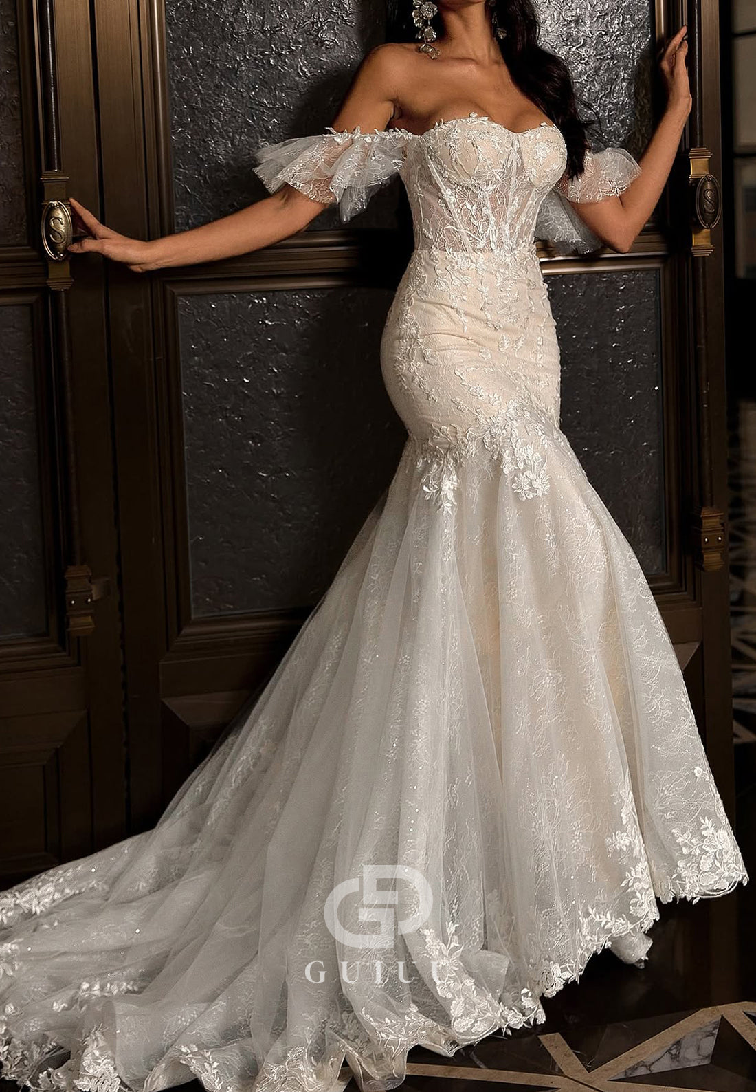 Short Sleeves Sweetheart Corset Tulle Mermaid Wedding Dress