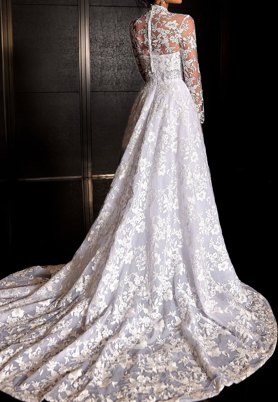 Long Sleeves High Neck Appliques Corset Wedding Dress
