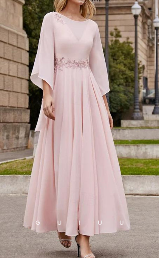 GM070 -  A-Line Ankle Length 34 Length Sleeves Chiffon Mother of the Bride Dress