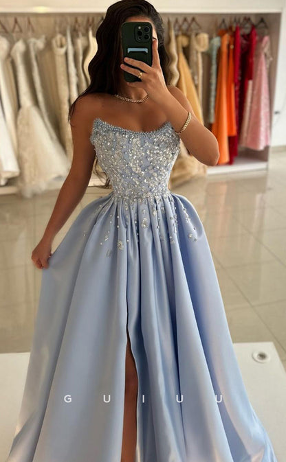 G3988 -  A-Line Boat Neck Sleeveless Appliques Sequined Beaded Long Prom Evening Gown