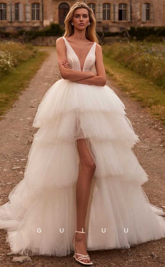 GW907 -  Glamorous & Chic A-Line Deep V Neck Straps Sleeveless Pearls Tulle Tiered Wedding Dress with Slit and Train