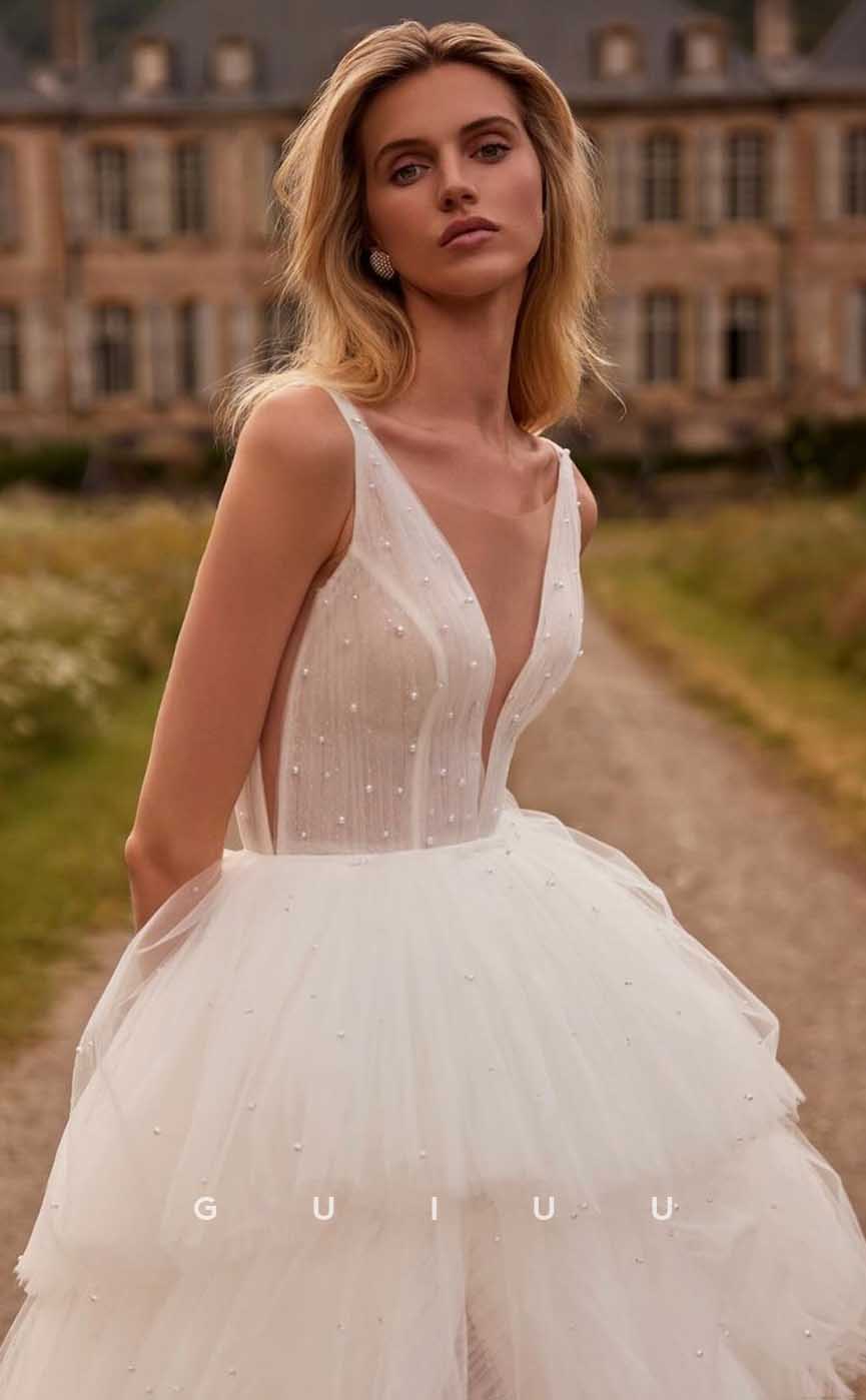 GW907 -  Glamorous & Chic A-Line Deep V Neck Straps Sleeveless Pearls Tulle Tiered Wedding Dress with Slit and Train
