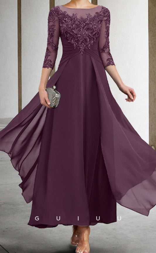 GM052 - A-Line Floor Length Scoop 34 Length Sleeves Appliques Back Zipper Chiffon Mother of the Bride Dress Formal Wedding Guest Gown