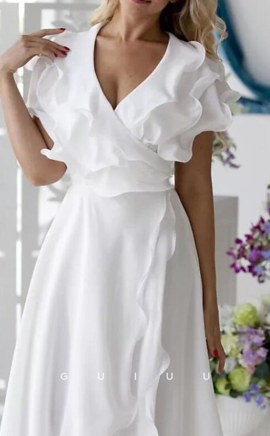 GM091 - A-Line High Low V Neck Short Sleeve Ruffles Chiffon Mother of the Bride Dress with Slit
