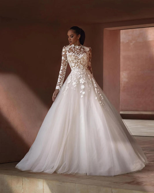 GW937 - A-Line High Neck Long Sleeves Appliuques Open Back Tulle Wedding Dress with Train
