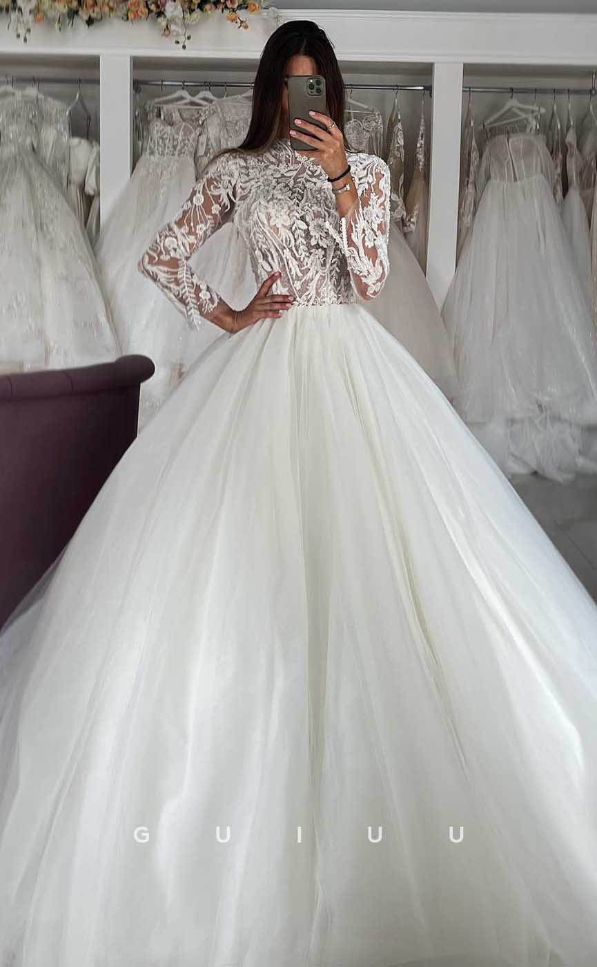 GW805 - A-Line High Neck Long Sleeves Court Train Lace Wedding Dress