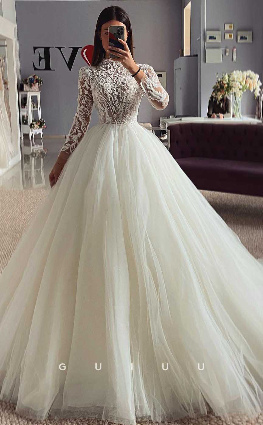 GW805 - A-Line High Neck Long Sleeves Court Train Lace Wedding Dress