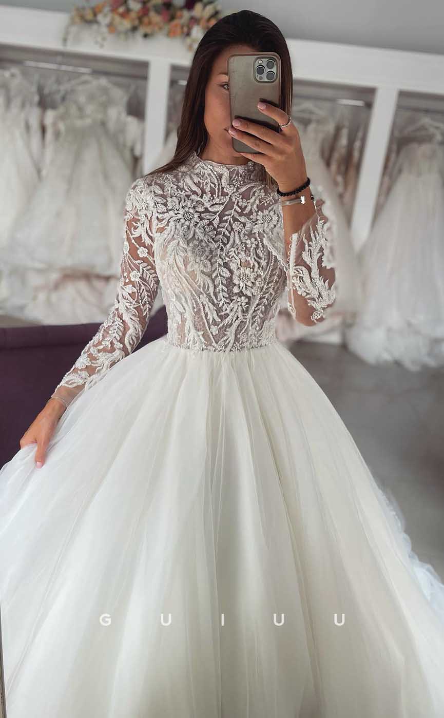GW805 - A-Line High Neck Long Sleeves Court Train Lace Wedding Dress