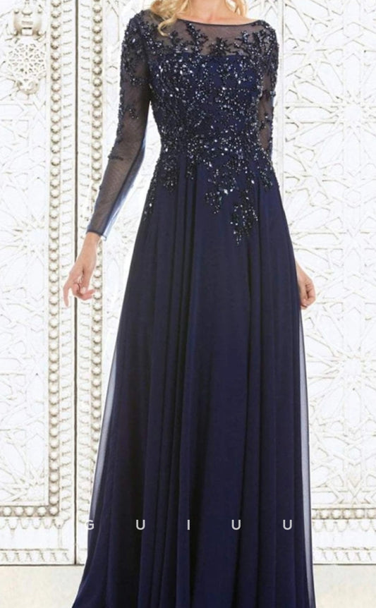 GM068 - A-Line Illusion Neck Floor Length Long Sleeve Appliques ChiffonMother of the Bride Dress