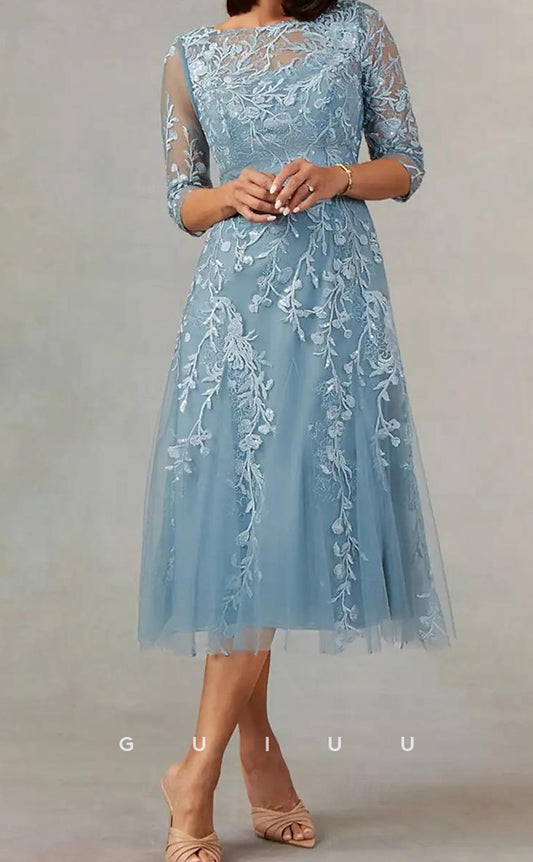 GM106 - A-Line Jewel Neck  Half Sleeves Tea Length Tulle Mother of the Bride Dress