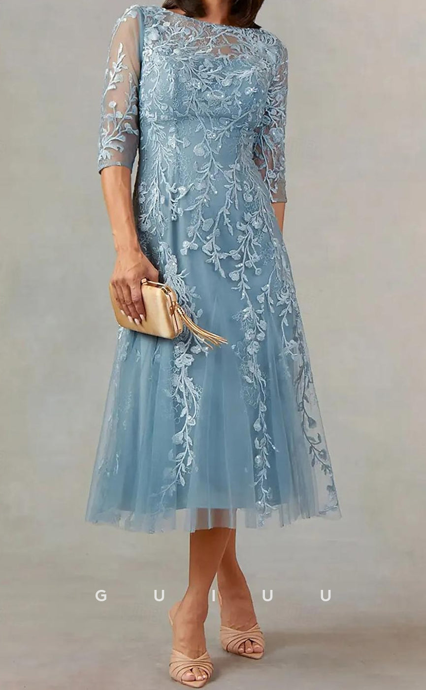 GM106 - A-Line Jewel Neck Half Sleeves Tea Length Tulle Mother of the Bride Dress
