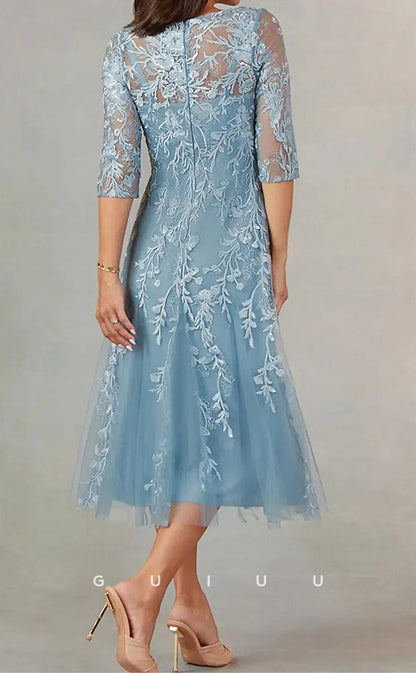 GM106 - A-Line Jewel Neck  Half Sleeves Tea Length Tulle Mother of the Bride Dress