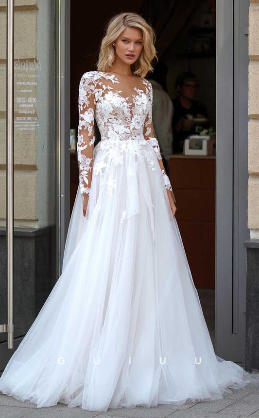 GW868 -  A-Line Long Sleeves Appliques Lace Wedding Dress with Train