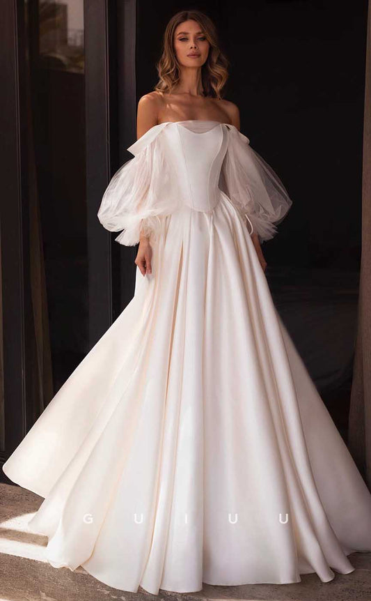 GW865 - A-Line Off-Shoulder Long Sleeves Stain Wedding Dress with Slit
