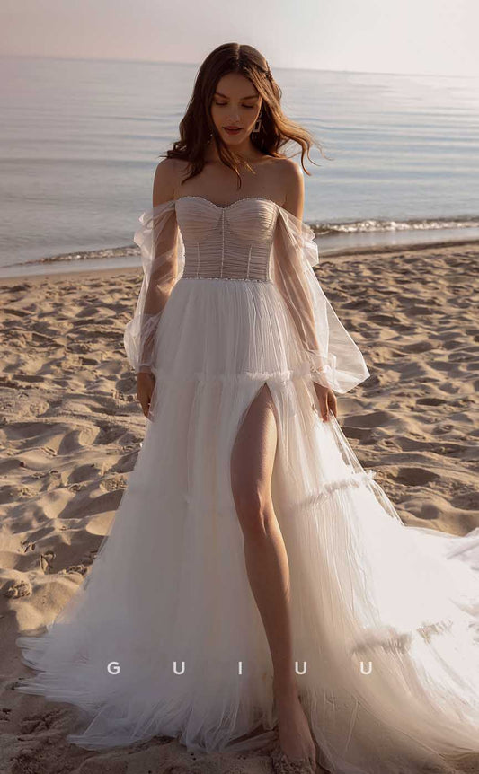 GW902 -  A-Line Off-Shoulder Pleats Back Zipper Tulle Boho Beach Wedding Dress