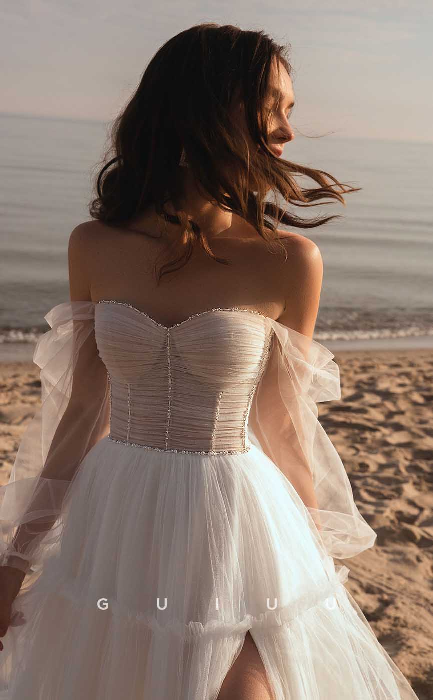 GW902 -  A-Line Off-Shoulder Pleats Back Zipper Tulle Boho Beach Wedding Dress