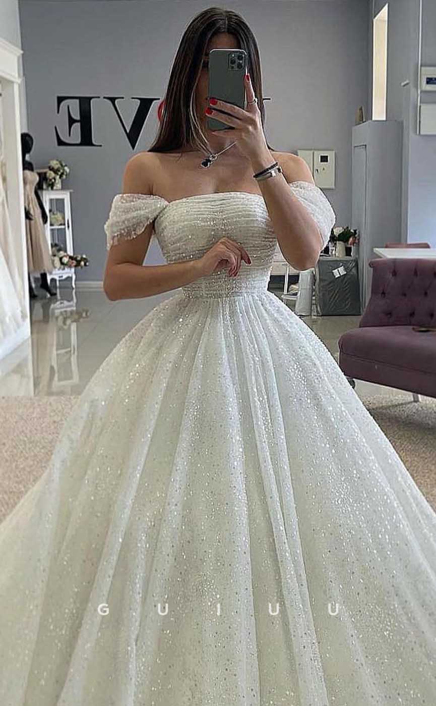 GW828 - A-Line Off-Shoulder Ruched Glitter Wedding Dress with Court Train