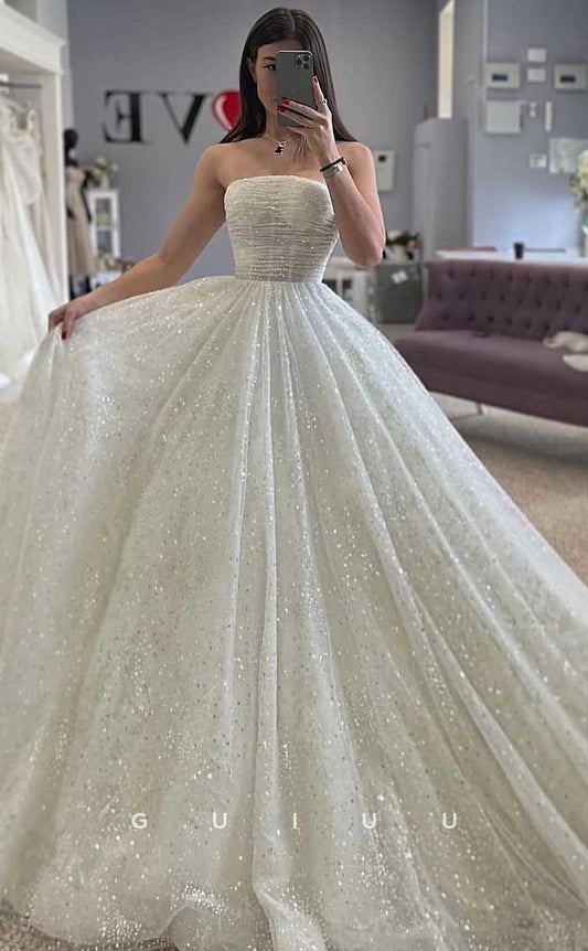 GW828 - A-Line Off-Shoulder Ruched Glitter Wedding Dress with Court Train