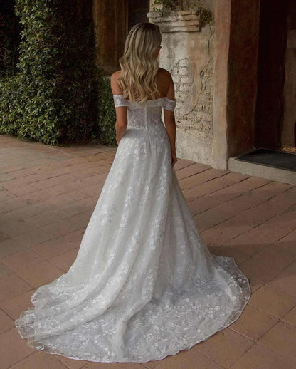 GW940 - A-Line Off Shoulder Fully Appliques Back Buttons Lace Wedding Dress with Train
