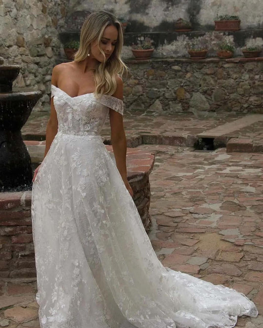 GW940 - A-Line Off Shoulder Fully Appliques Back Buttons Lace Wedding Dress with Train