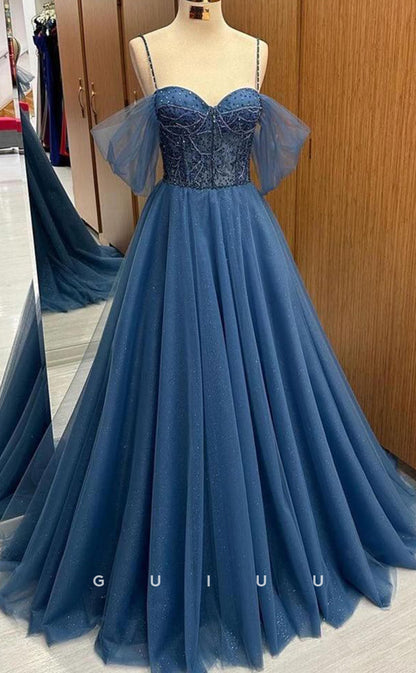 G4218 - A-Line Off Shoulder Strapless Straps Half Sleeves Sequined Beaded Tulle Long Prom Dress