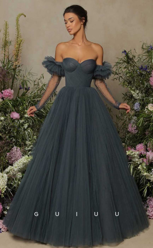 G4666 - A-Line Off Shoulder Straps Long Sleeves Pleats Backless Tulle Prom Party Dress