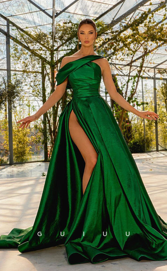 G4672 - A-Line One Shoulder Pleats Green Stain Lone Prom Formal Dress with High Side Slit and Train