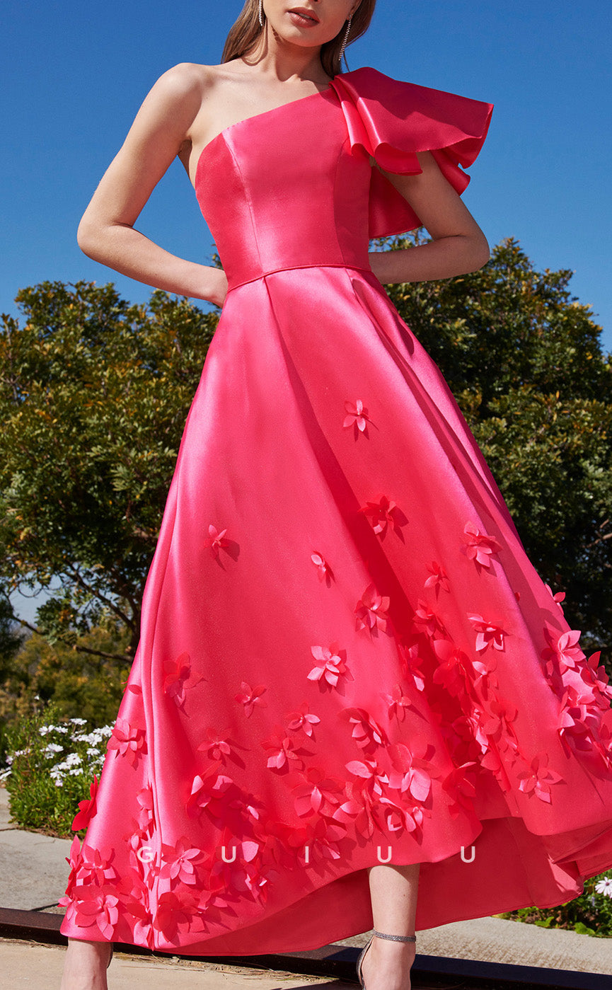 GM294 - A-Line One Shoulder Sleeveless Satin Tea Length Cocktail Dress with Flowers