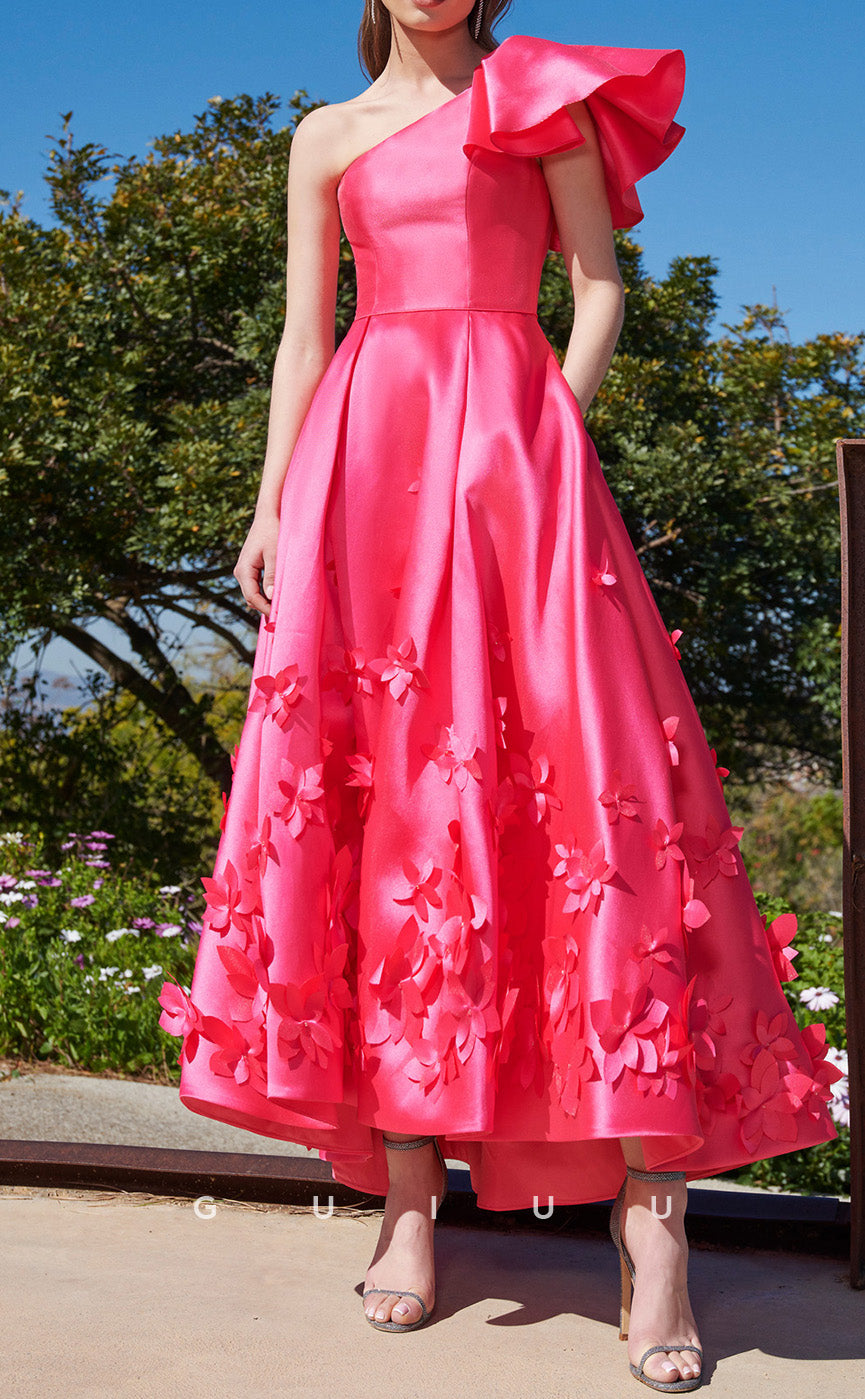 GM294 - A-Line One Shoulder Sleeveless Satin Tea Length Cocktail Dress with Flowers