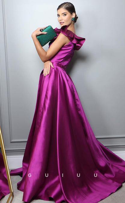 G4199 - A-Line One Shoulder Sleeveless Stain Prom Formal Gown with High Side Slit and Train