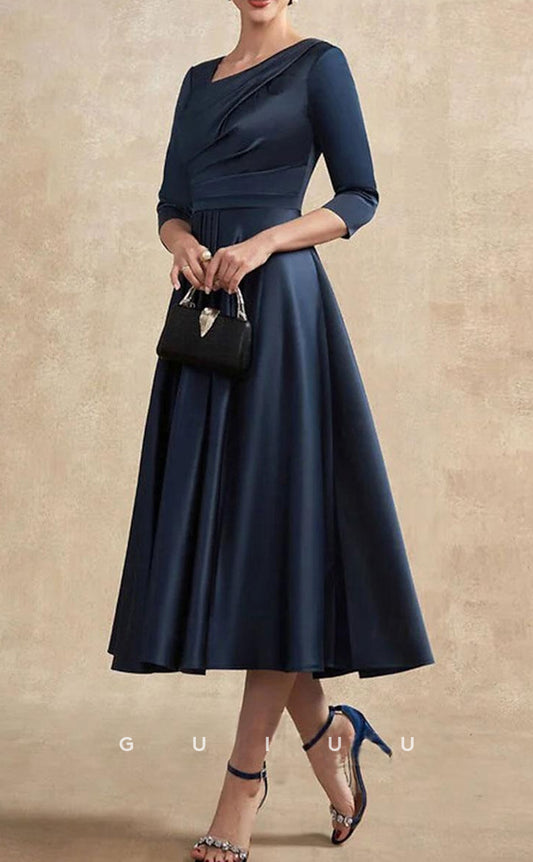 GM023 - A-Line Scoop Half Sleeves Kenn Length Pleated Mother of the Bride Dress Wedding Guest