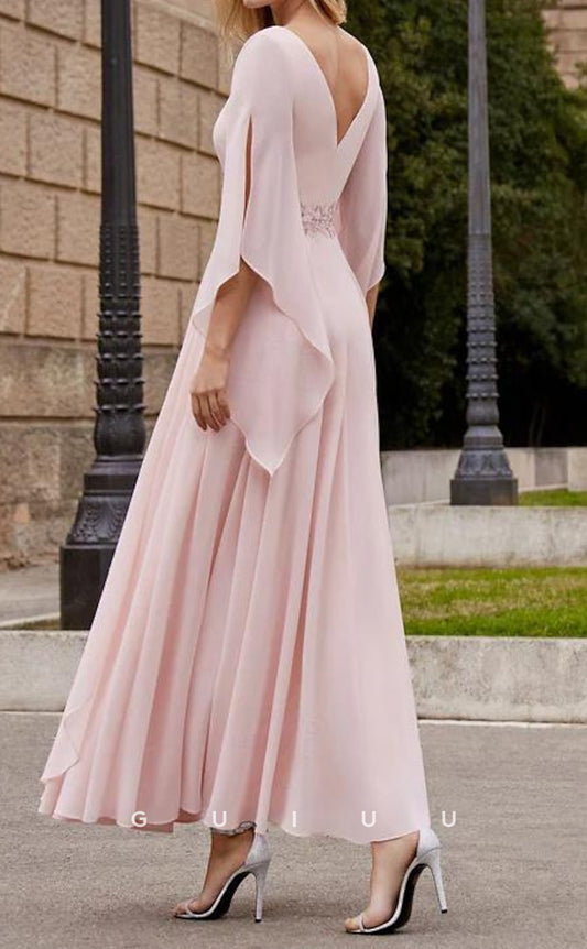 GM077 - A-Line Scoop Neck 34 Length Sleeves Ankle Length Beaded Chiffon Mother of the Bride Dress