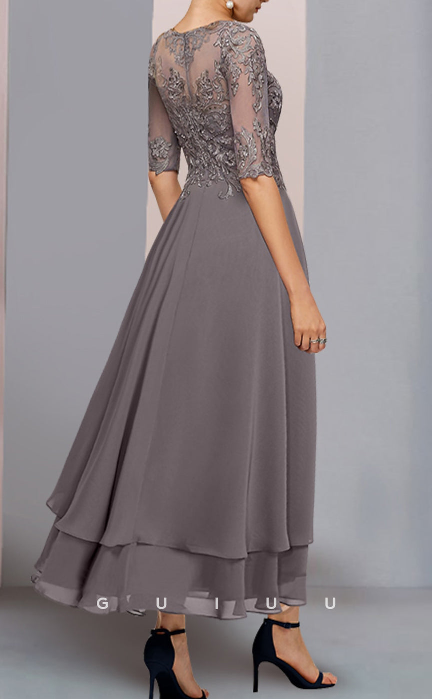 GM093 - A-Line Scoop Neck Lace 34 Length Sleeves Tea Length Appliques Ruffles Tiered Chiffon Mother of the Bride Dress