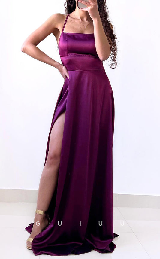 G3155 -  A-Line Sleeveless Criss-Cross Straps Long Prom Dress with High Side Slit