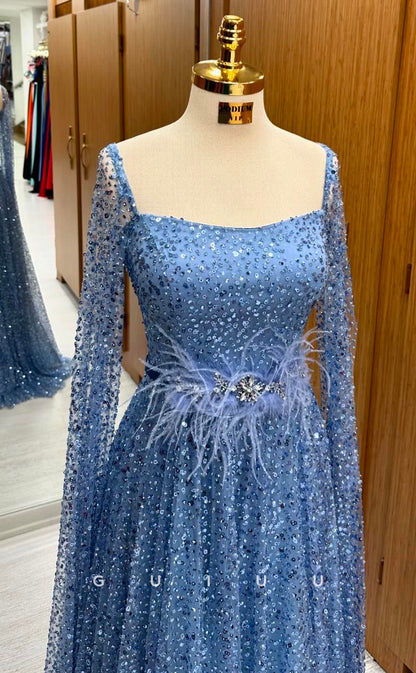 G4371 - A-Line Square Neck Long Sleeves Fully Sequined Long Prom Party Dress with Feather