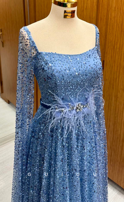 G4371 - A-Line Square Neck Long Sleeves Fully Sequined Long Prom Party Dress with Feather
