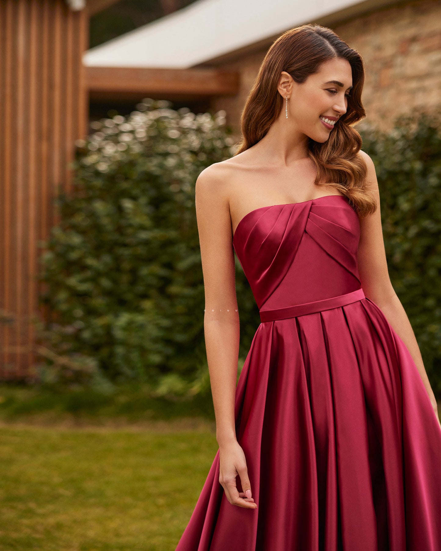 GM231 - A-Line Strapless Detachable Half Sleeves Stain Pleated Wedding Guest Dress Cocktail Dress