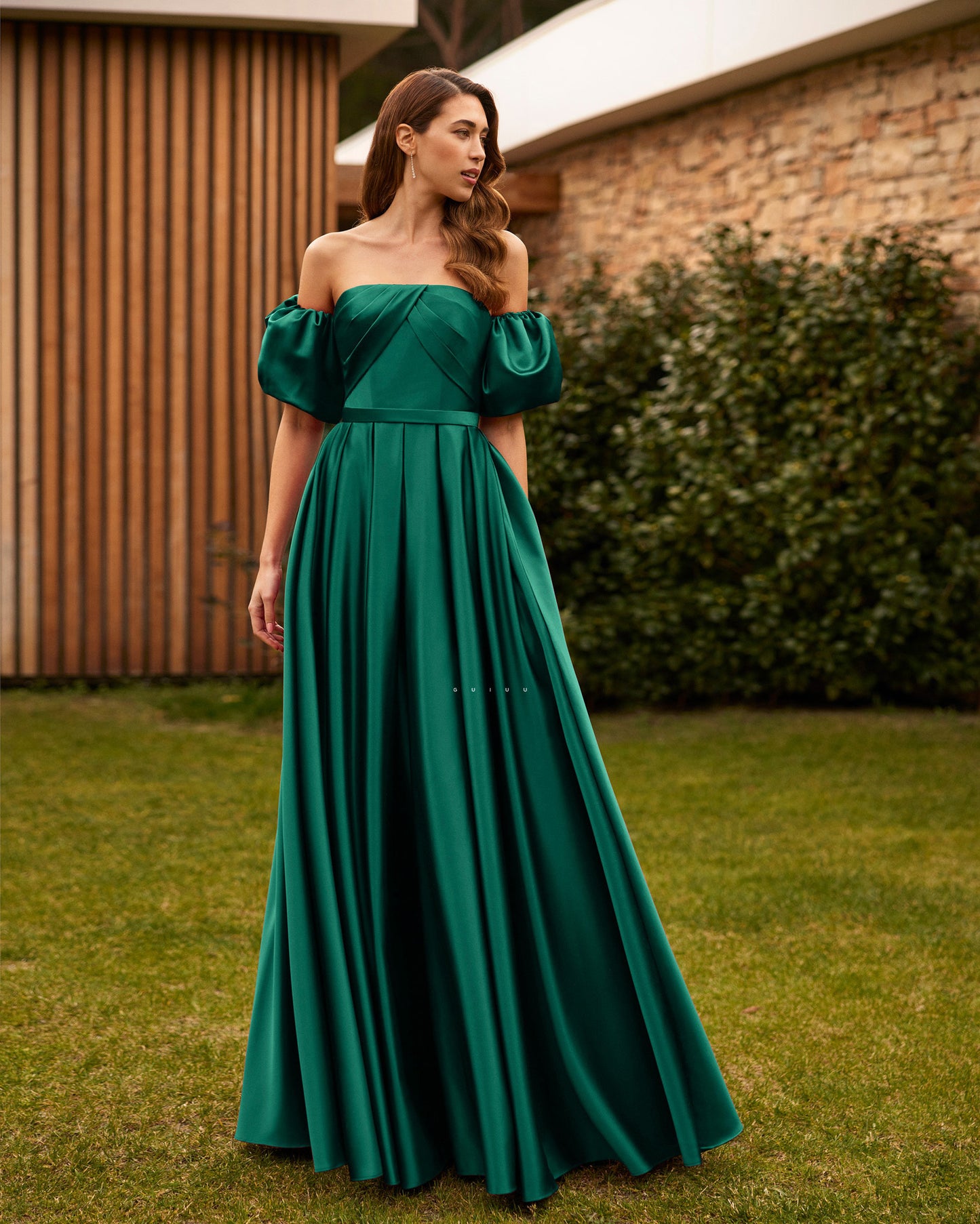 GM231 - A-Line Strapless Detachable Half Sleeves Stain Pleated Wedding Guest Dress Cocktail Dress