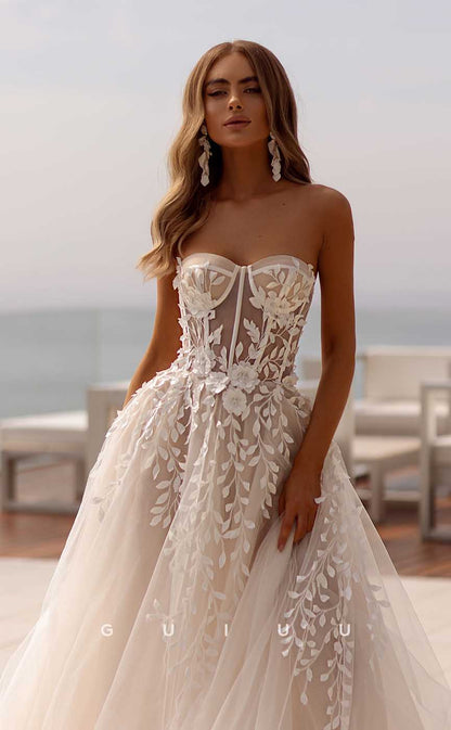 GW895 - A-Line Strapless Sleeveless Appliques Tulle Boho Beach Wedding Dress with Train