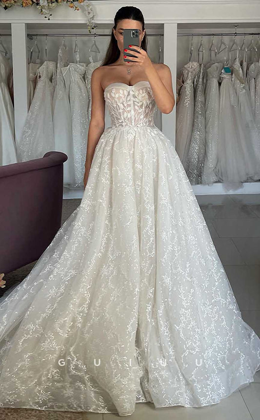 GW814 - A-Line Strapless Sleeveless Appliques Wedding Dress with Court Train