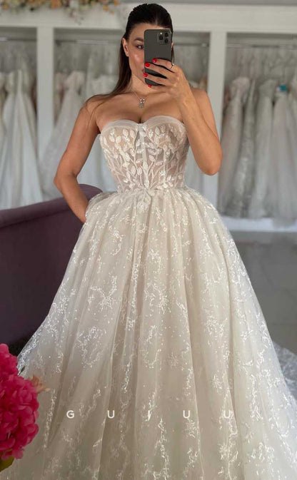 GW814 - A-Line Strapless Sleeveless Appliques Wedding Dress with Court Train