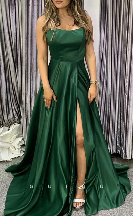 G4637 - A-Line Strapless Sleeveless Criss-Cross Straps Stain Prom Dress Fomal Gown with Slit
