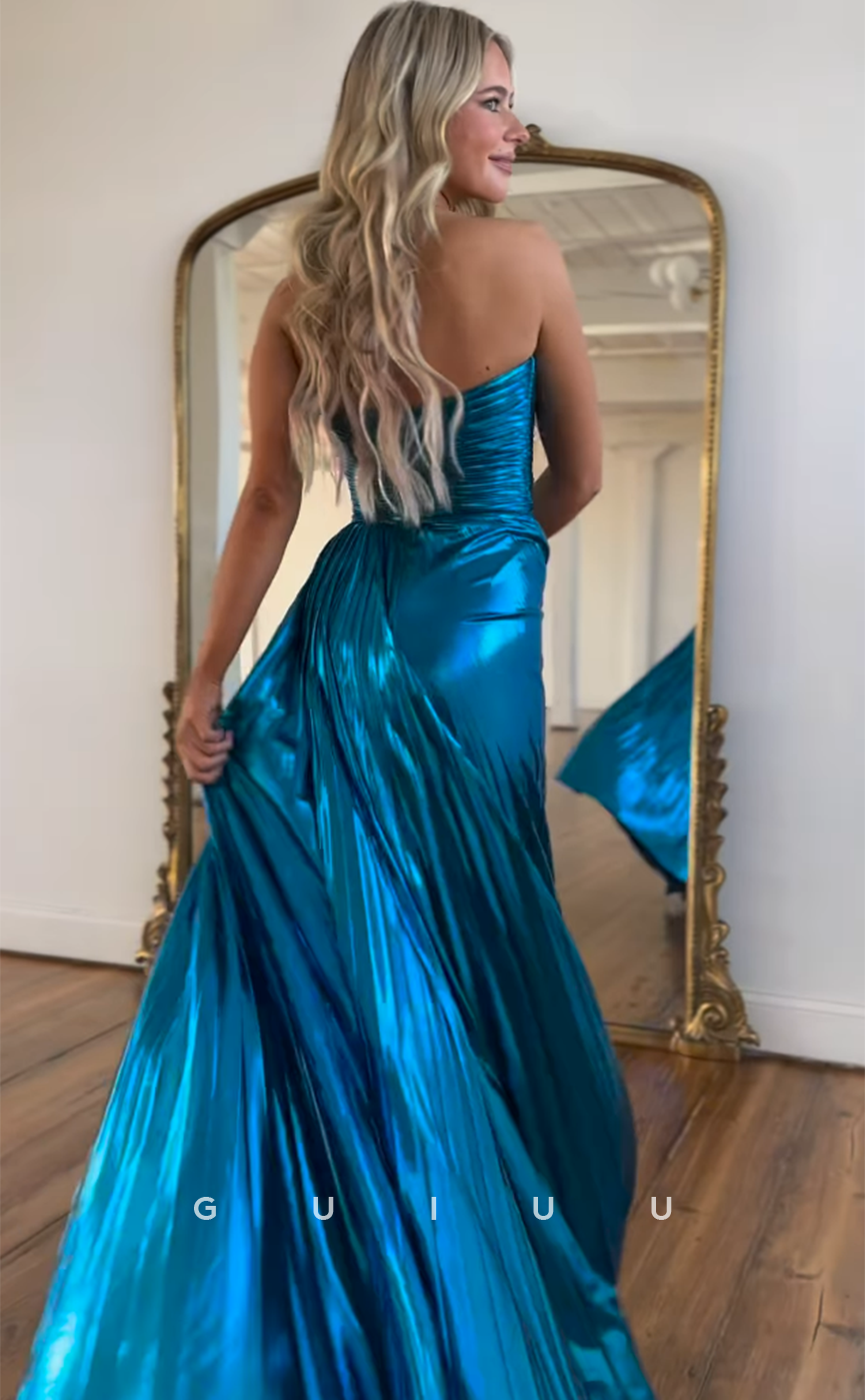 G4618 - A-Line Strapless Sleeveless High Side Slit Formal Prom Gown